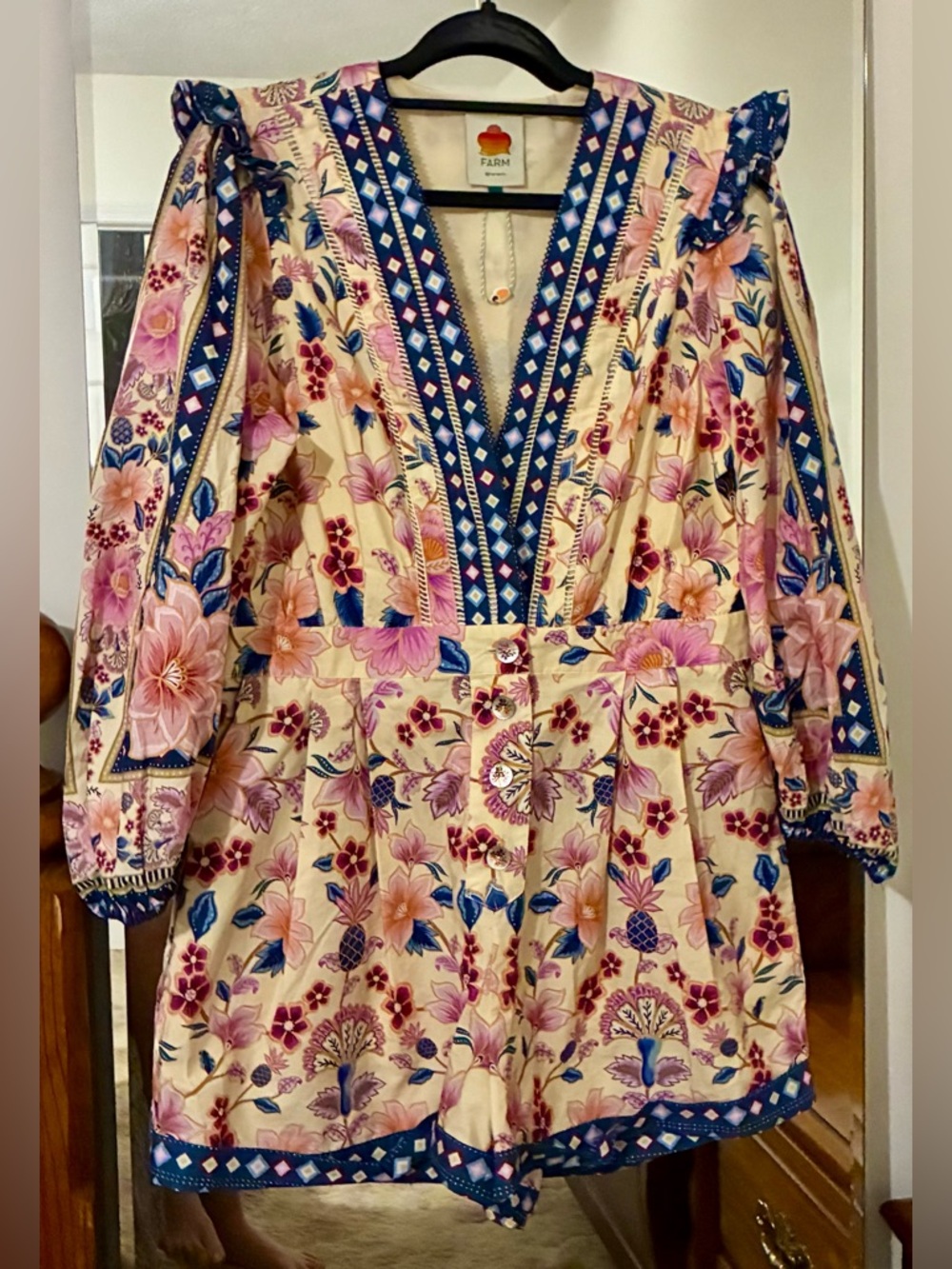 FARM Rio Cream Romper with Pink, Blue & Purple Floral Print